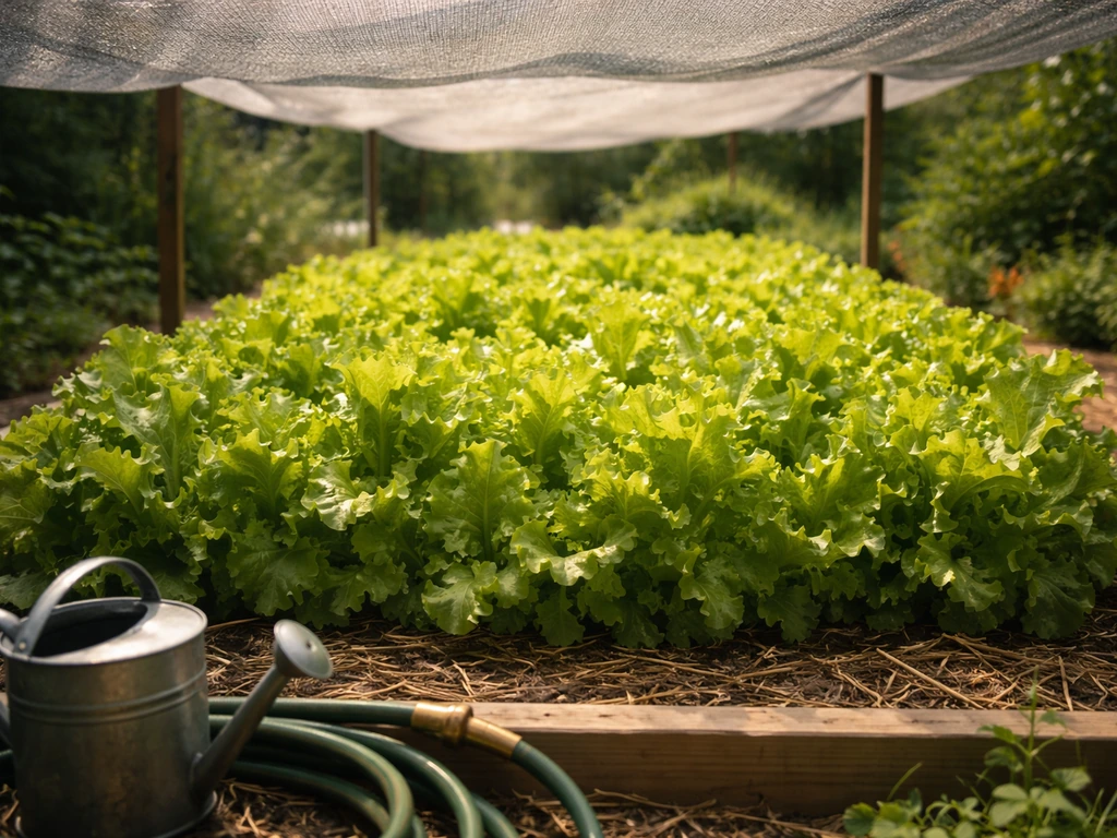 Thriving summer lettuce growing under shade cloth in a backyard garden during July.