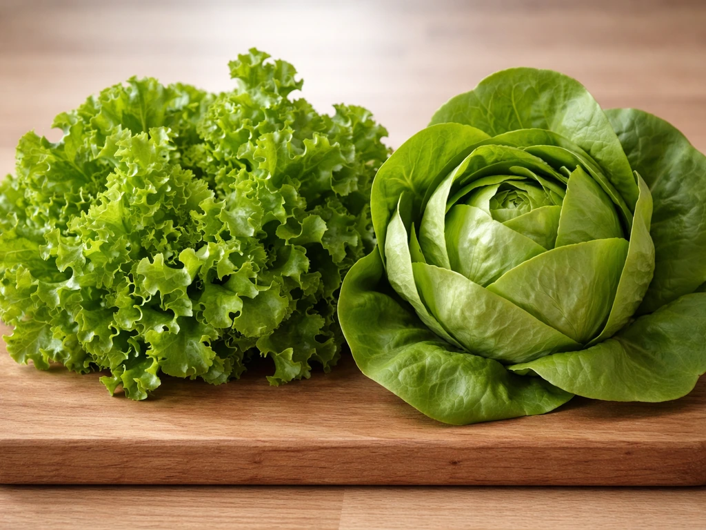 Two fresh summer lettuce heads (looseleaf and butterhead) side-by-side showing different leaf texture and green tones.