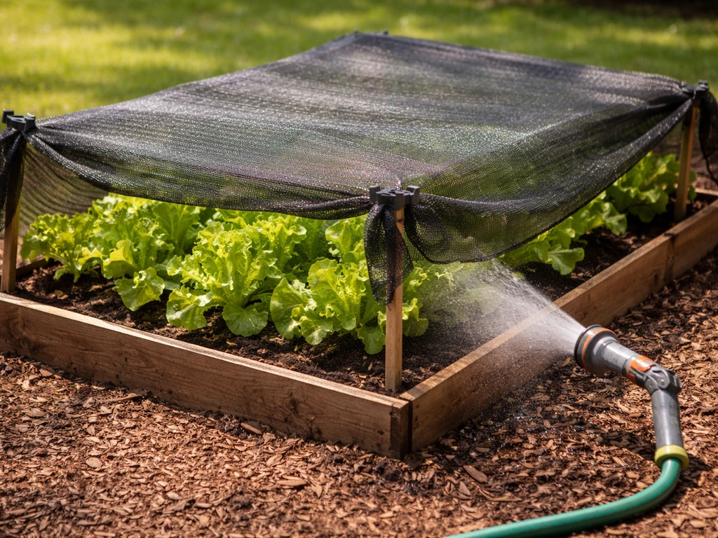 July lettuce bed under 30–50% shade cloth with a gentle hose watering the soil.