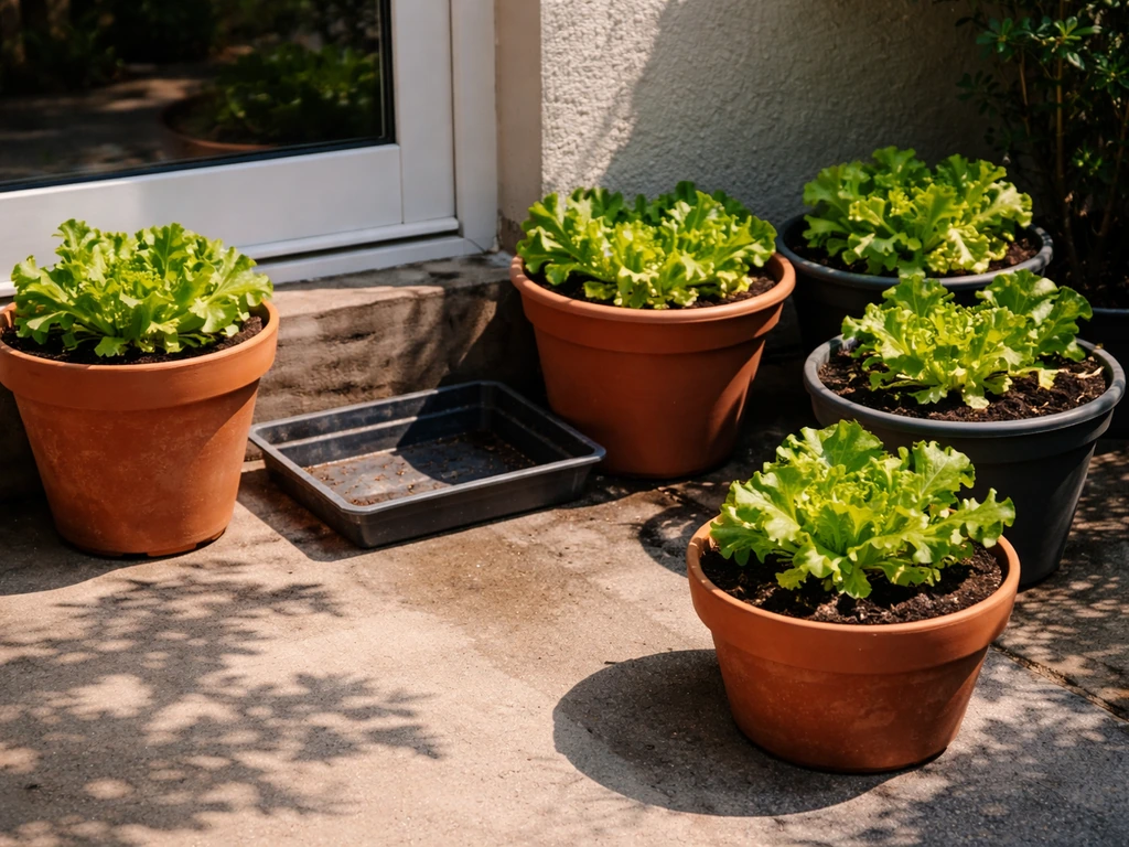 Green lettuce pots on a sunny patio, with one moved toward shade during hot weather.