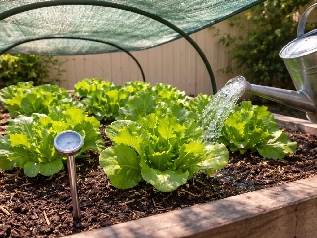 Lettuce under shade cloth with a thermometer probe and a watering can watering the roots.