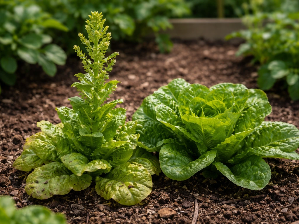 Close-up of bolting lettuce with a tall central flower stalk beside non-bolting greener leaves.