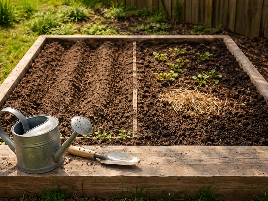 Raised garden bed with one sunny planting zone and one shaded zone, early spring cues and tools nearby.
