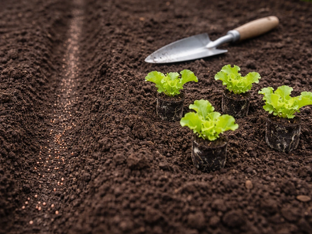 Close-up of lettuce seeds in a row beside small green lettuce transplants ready for planting