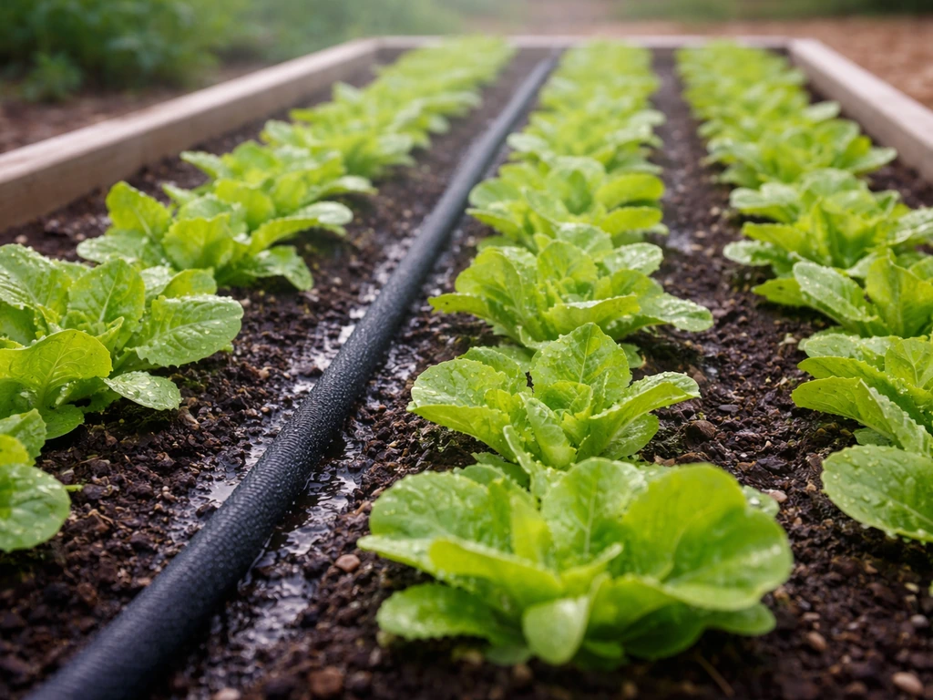 Soaker hose gently watering lettuce, moist soil soaking evenly without puddles.