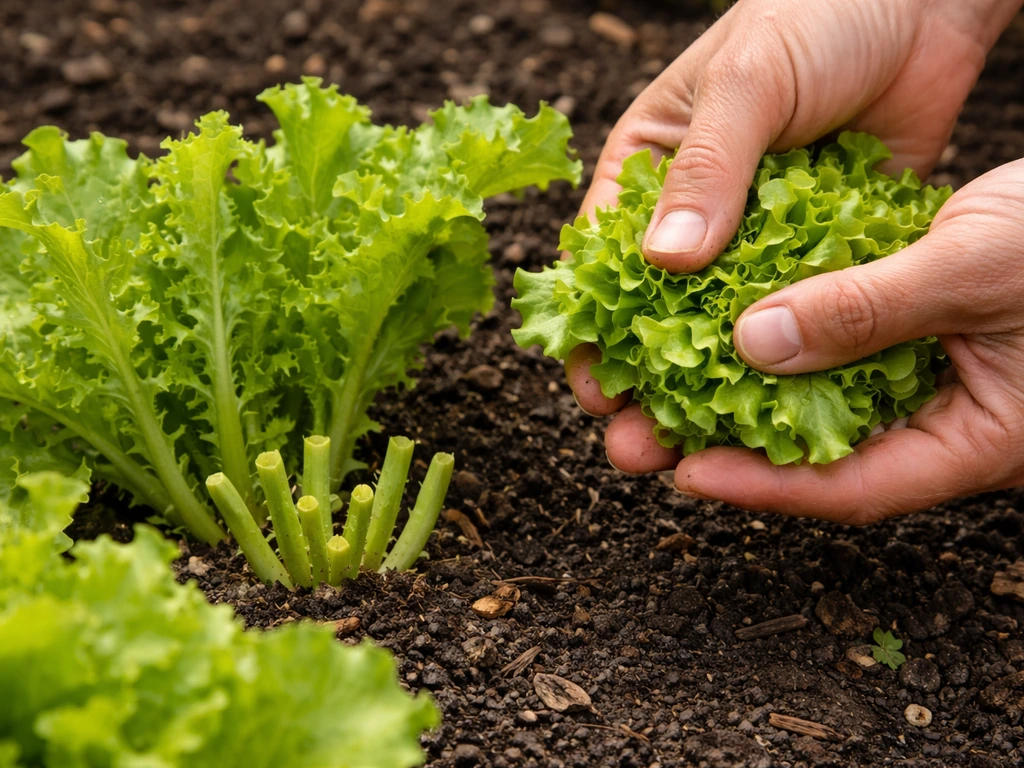 Close-up of cut-and-come-again leaf lettuce in a small garden bed with fresh regrowth on stems.