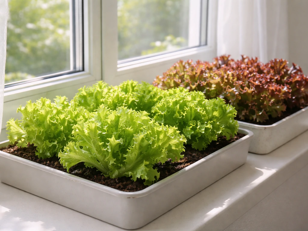 Compact loose-leaf lettuce growing in small pots under a bright indoor window light