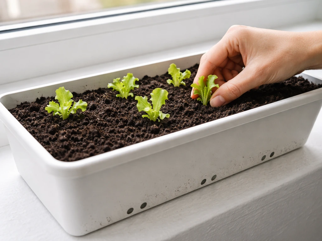 Shallow windowsill trough with drainage holes, compost, and small lettuce seedlings in simple setup