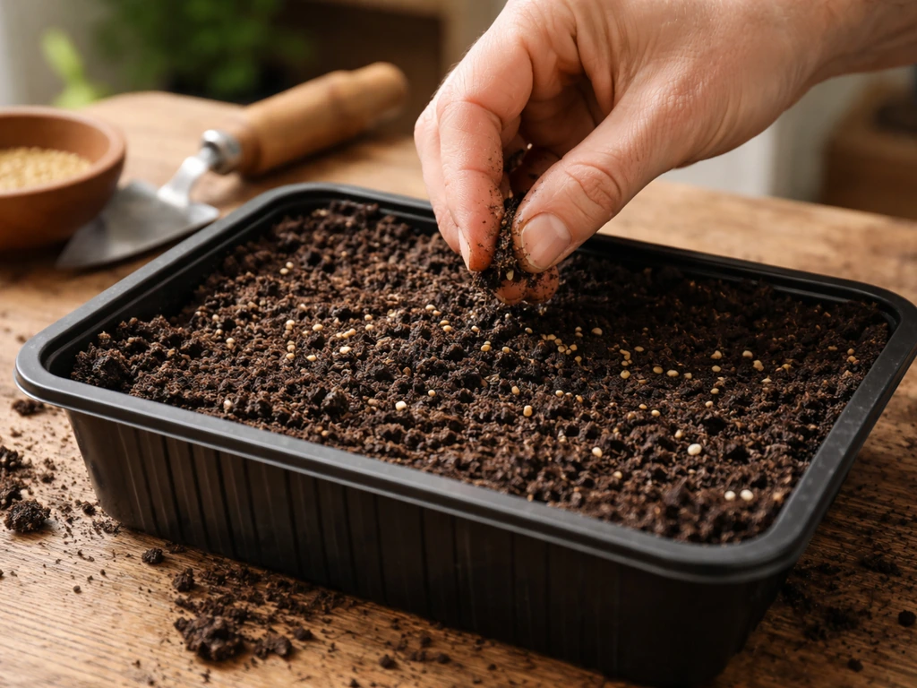 Close-up of anonymous hands scattering lettuce seeds into damp compost and lightly covering them.