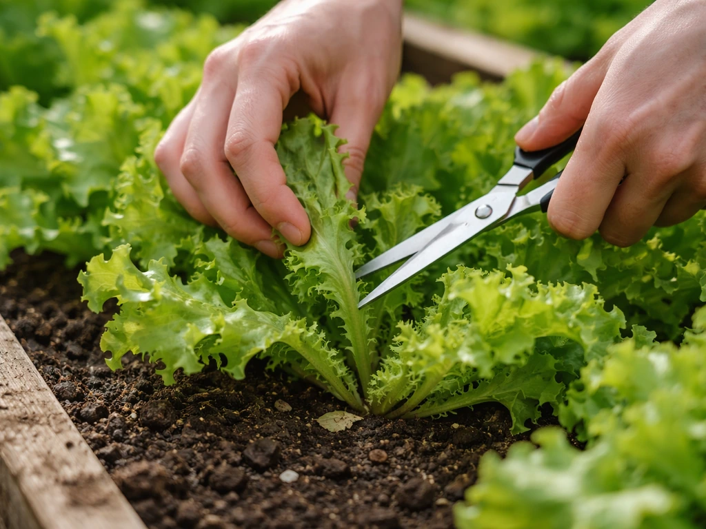 Hands use clean scissors to snip outer loose-leaf lettuce while the center remains for regrowth