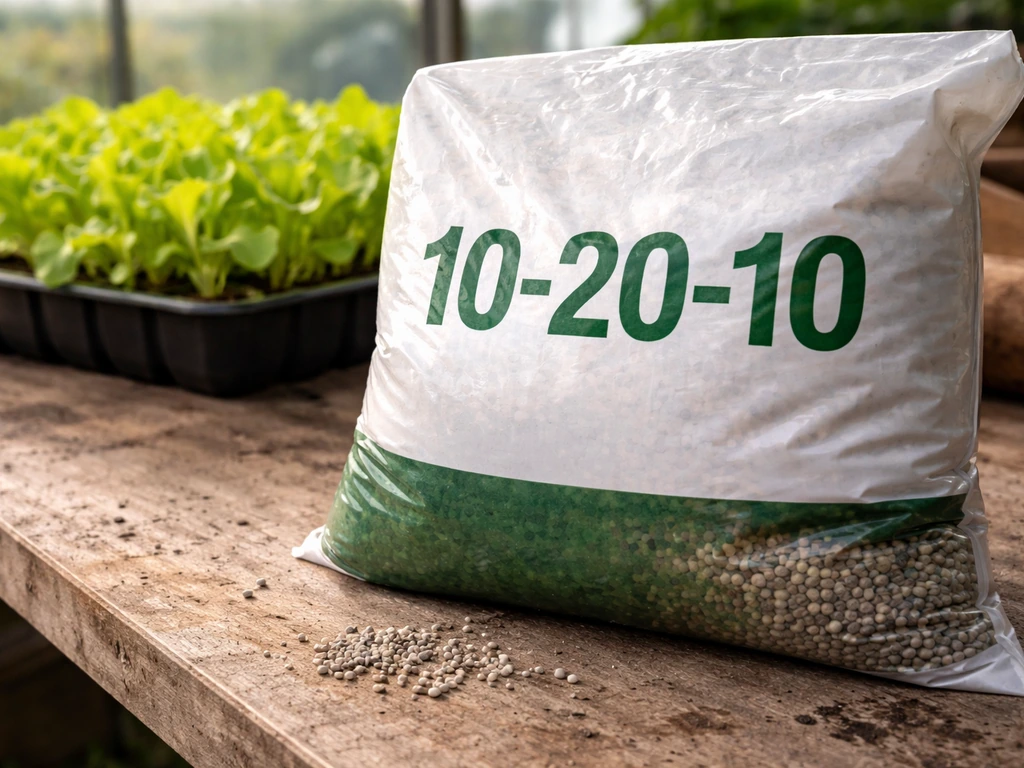 Close-up of N-P-K style fertilizer beside a tray of lettuce seedlings in natural greenhouse light.