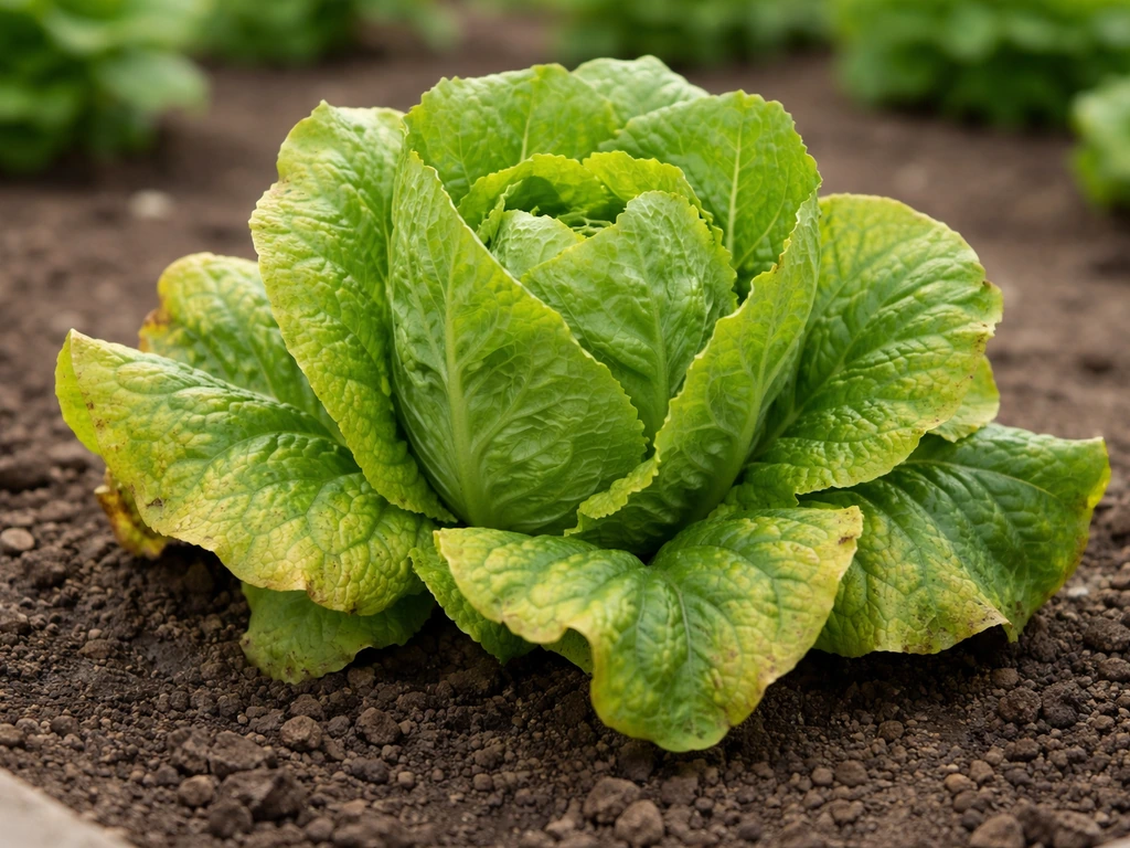Lettuce plant with older leaves showing interveinal chlorosis in a controlled garden bed