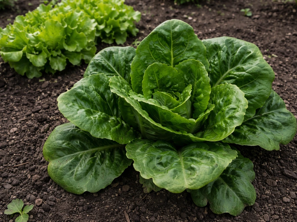 Lush, overly dark cupped lettuce leaves in a garden bed with a smaller healthier patch nearby.