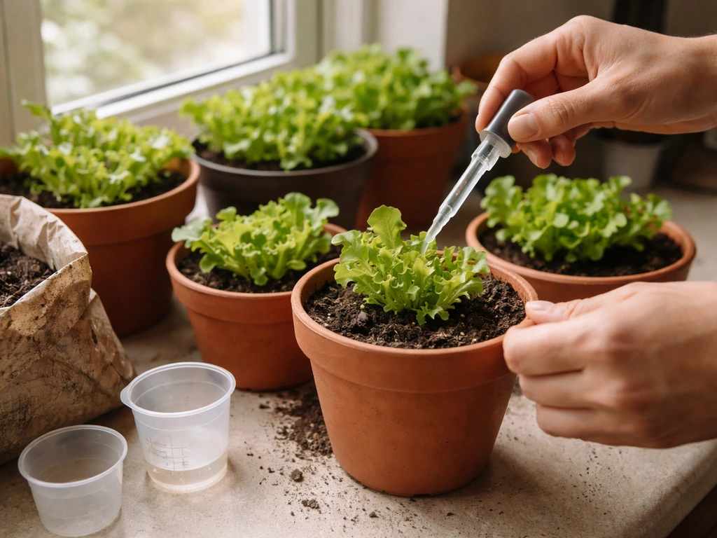 Watering can and syringe apply diluted fertilizer to small lettuce pots on a kitchen windowsill
