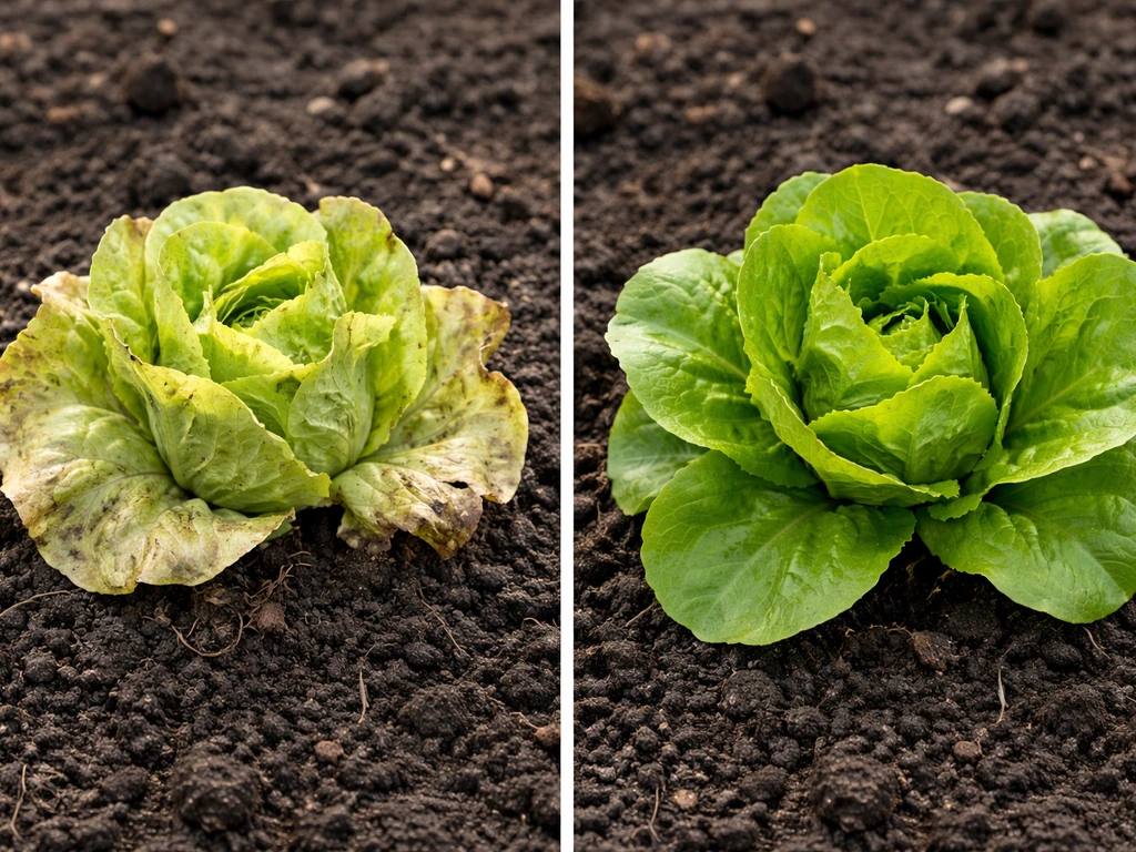 Split image of lettuce leaves: pale yellow sick greens on left and recovered greener leaves on right.