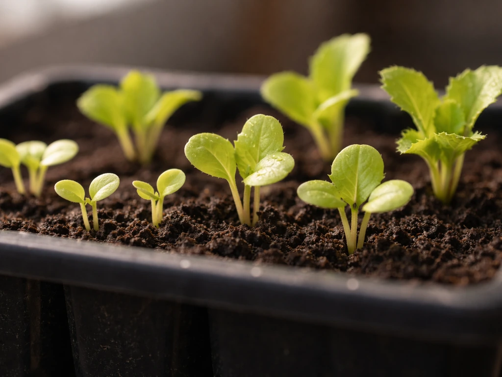 Close-up of lettuce seedlings showing cotyledons and the first true leaves emerging in a seed tray.