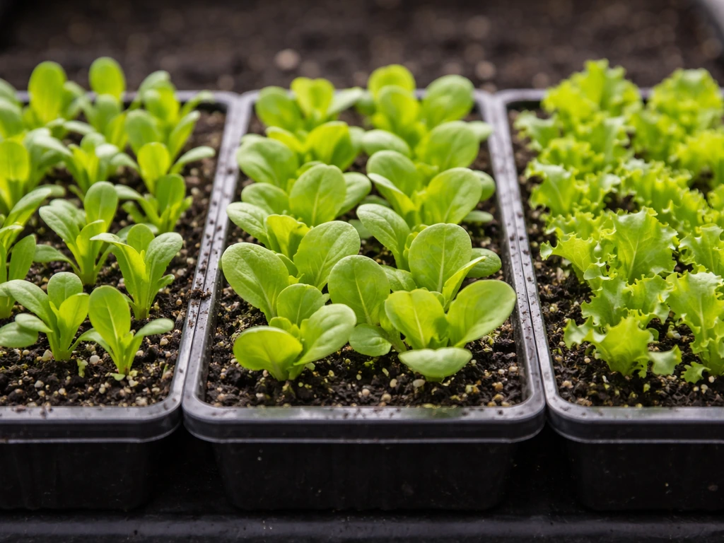 Three lettuce seedlings in separate trays side-by-side, showing different leaf shapes after true leaves emerge.