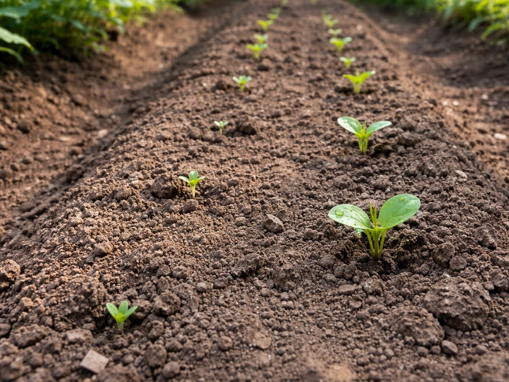 Outdoor soil bed row showing uneven seedlings with early true leaves in patchy emergence.