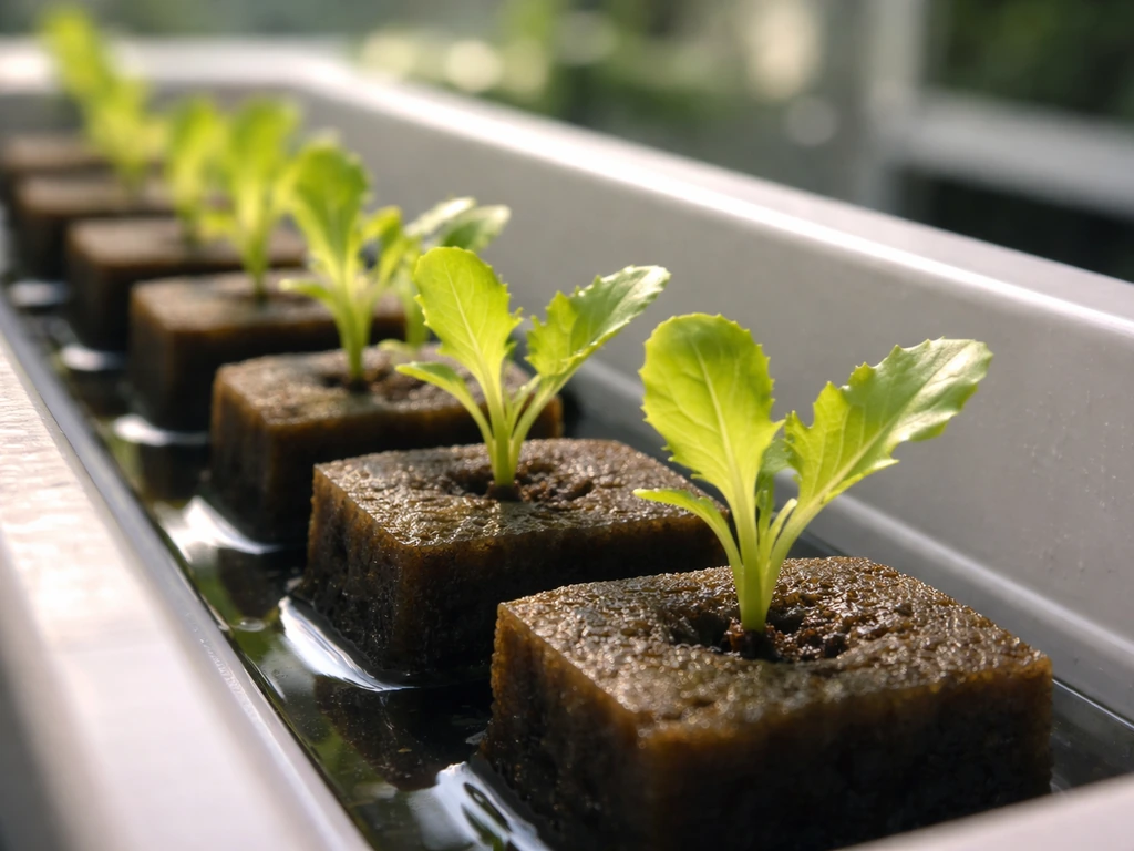 Close-up of hydroponic lettuce seedlings in rockwool/foam cubes with visible cotyledons in a clean grow tray