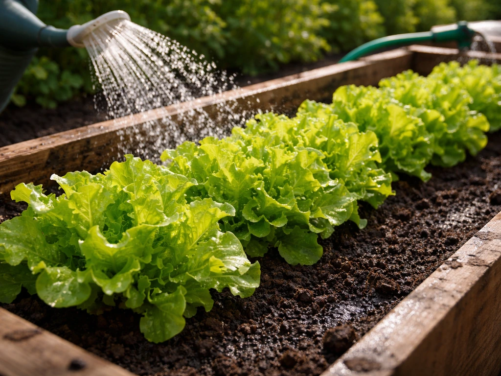 Lettuce plants in a raised bed being watered with a hose and watering can, showing moist soil and leaves.