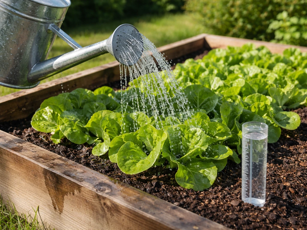 Watering can pouring water onto a raised lettuce bed, with a small measuring cup/rain gauge nearby.