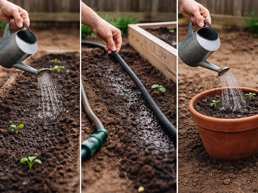 Hands watering a soil bed, a potted container, and a raised planter using gentle soak and drip methods.