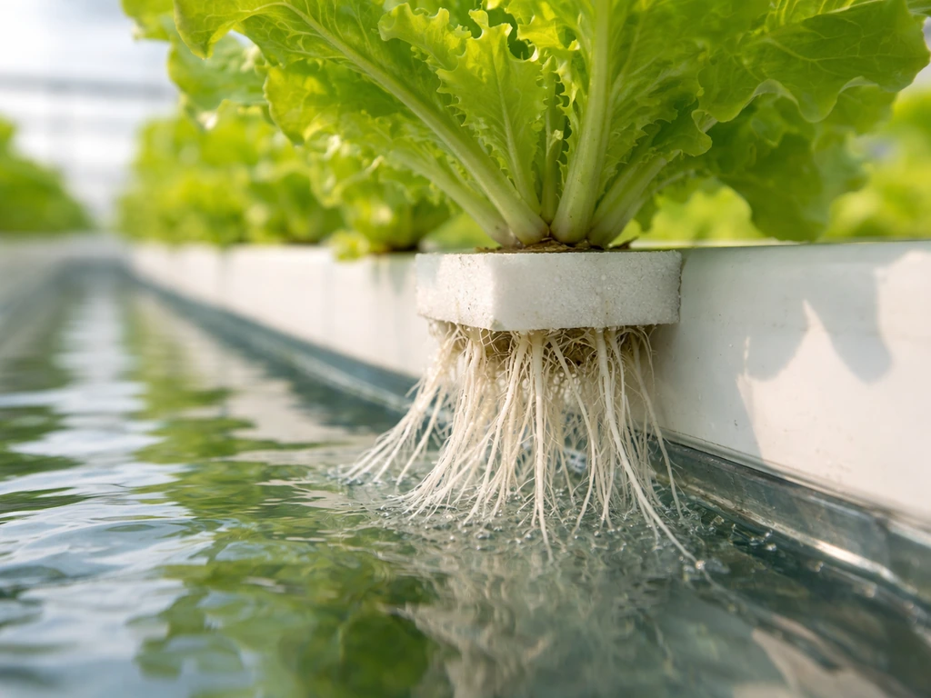 Close-up of hydroponic lettuce roots in nutrient solution, showing water contact in an NFT or DWC setup.