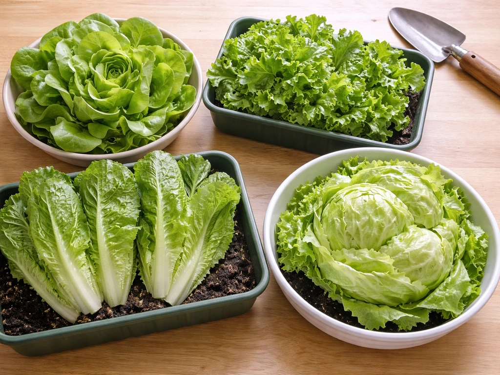 Top-down view of four lettuce varieties in separate bowls and trays, crisp fresh greens in vibrant tones.