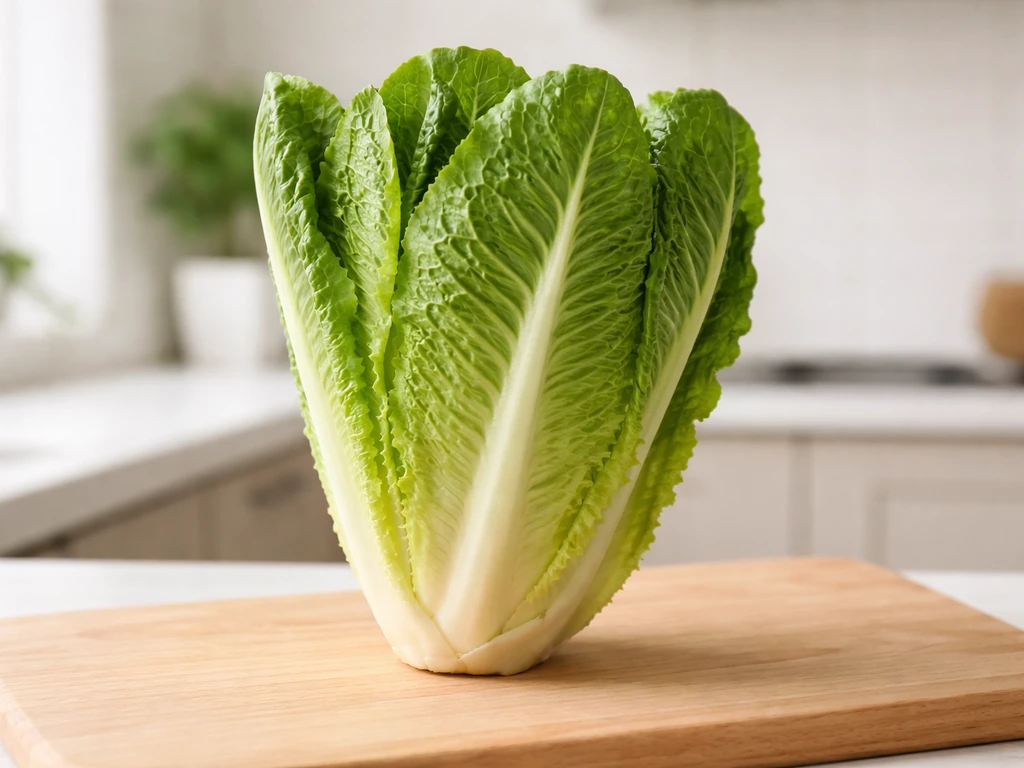 Whole romaine/cos lettuce with upright structured leaves, shown in crisp side view on a simple wooden surface.