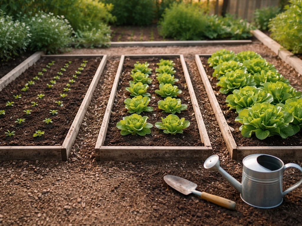 Backyard raised beds showing lettuce at three growth stages for succession planting