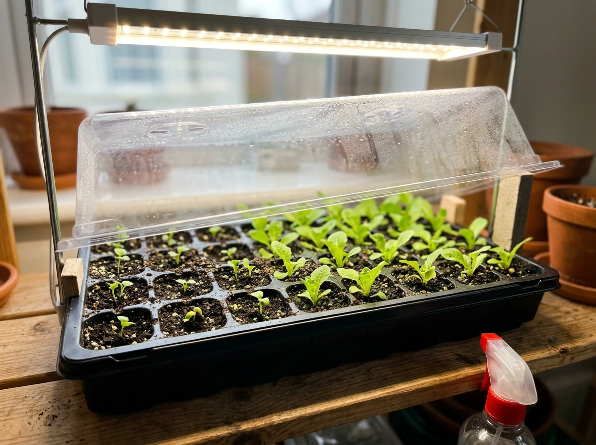 Indoor seed tray setup with labeled grow light and moisture cover