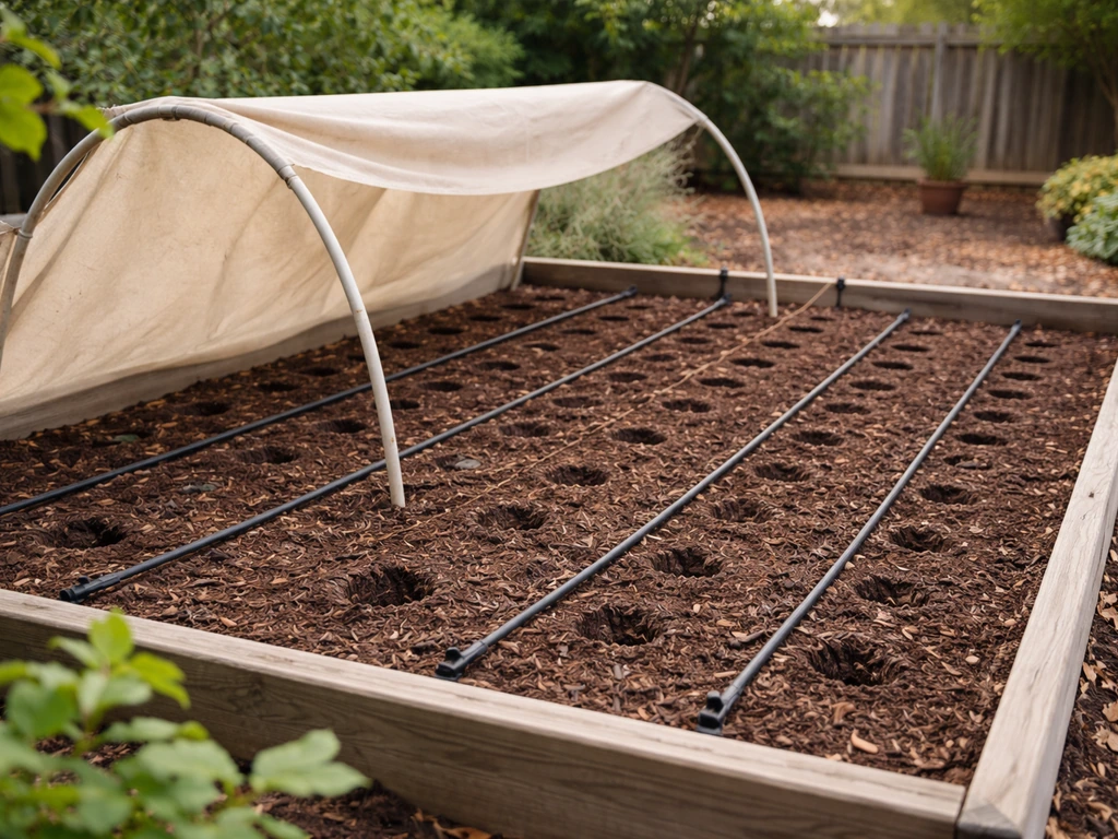 Mulched garden bed with shade cloth in mild spring/fall weather, ready for cool-season lettuce planting.