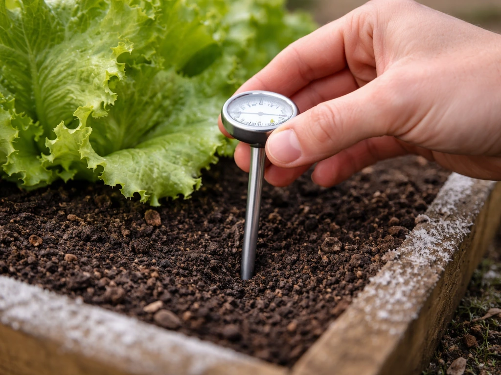 Soil thermometer probe inserted near iceberg lettuce roots with slight frost on the garden edge.