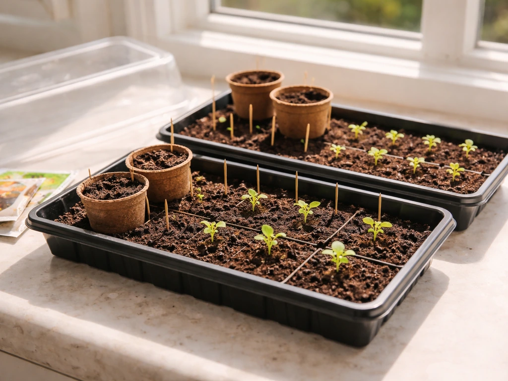 Seed trays and peat pots with small iceberg lettuce seedlings spaced out on a kitchen counter by a window.