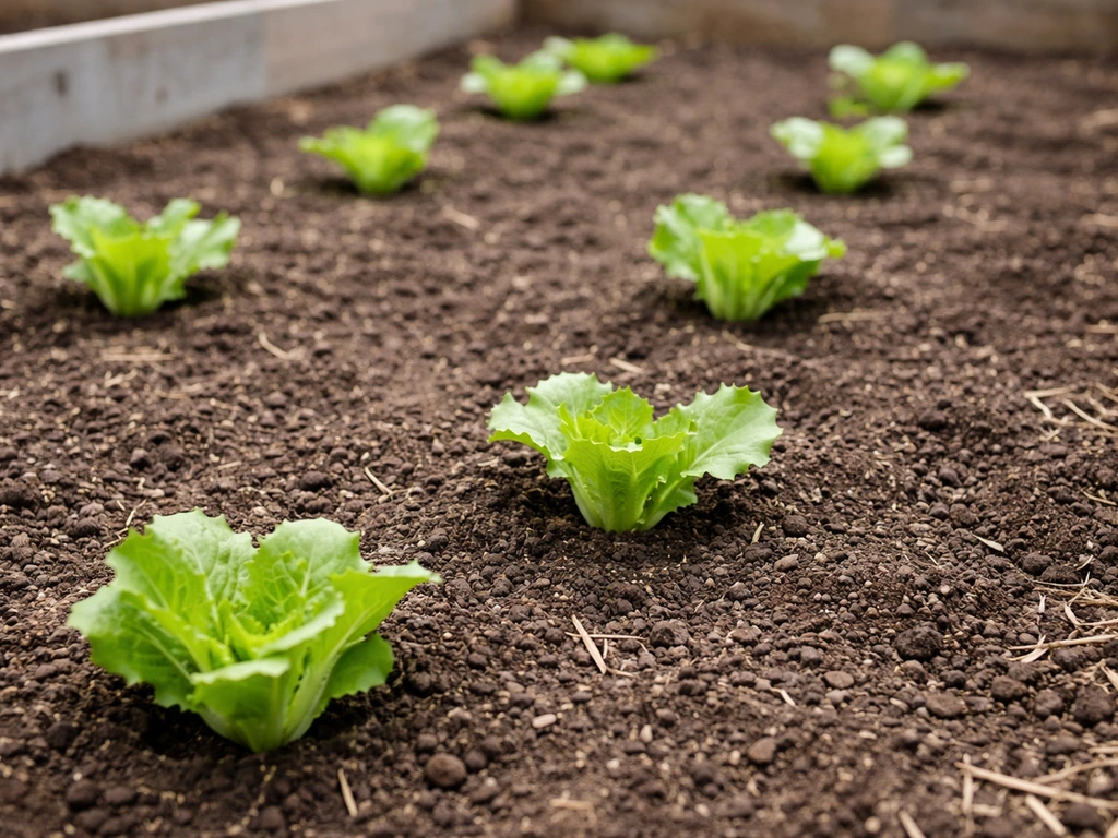 Iceberg lettuce seedlings spaced 12–14 inches apart in a garden bed with simple row spacing.