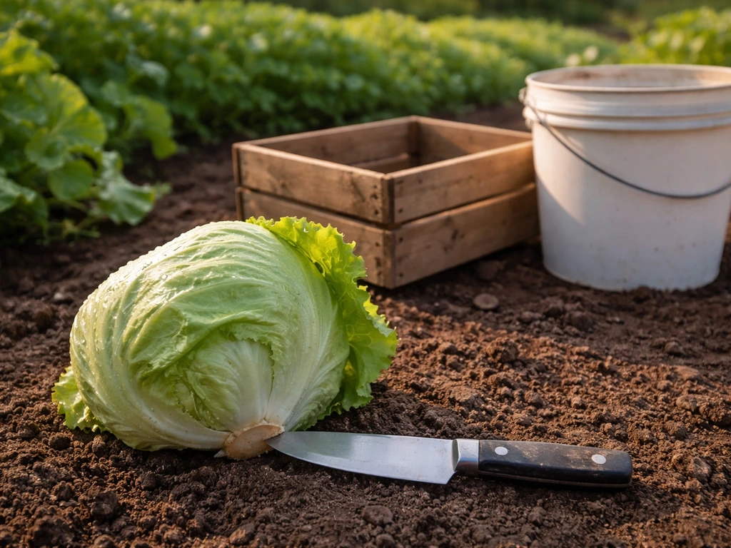 Knife cutting a ripe iceberg lettuce head beside a wooden crate and bucket in a garden bed.