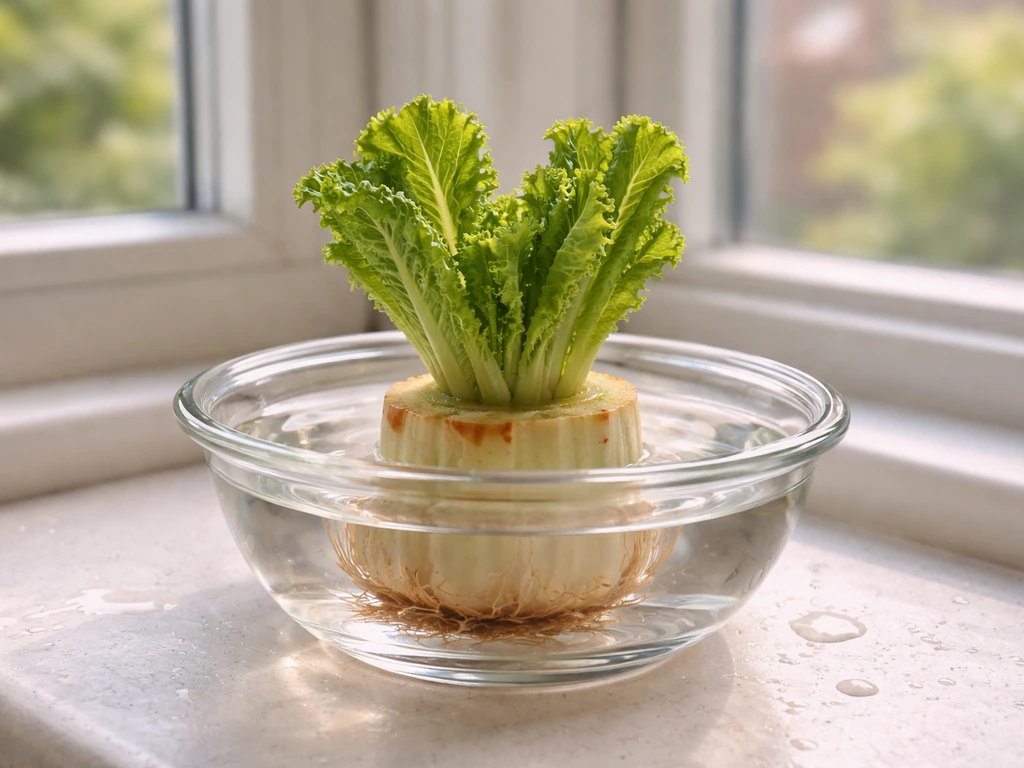 Romaine lettuce stump in a glass bowl on a kitchen windowsill with new leaves regrowing indoors.