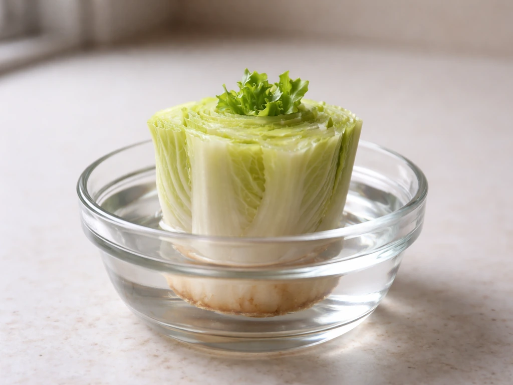 Close-up of a romaine base/core in a small container with pale green-white stump for regrowth.