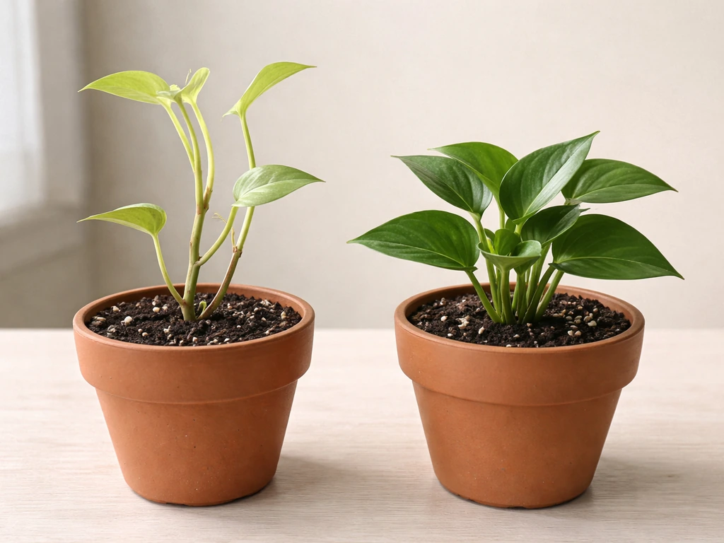 Two small potted indoor plants side by side showing pale stretchy vs compact healthy regrowth in different light.