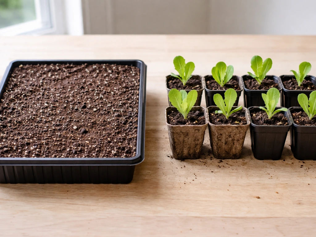 Side-by-side photo of romaine seeds in a tray and romaine transplants in small pots before planting.