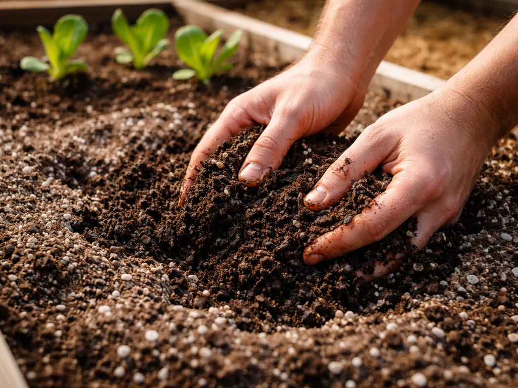 Hands mixing compost into loose potting soil beside romaine seedlings in a small bed