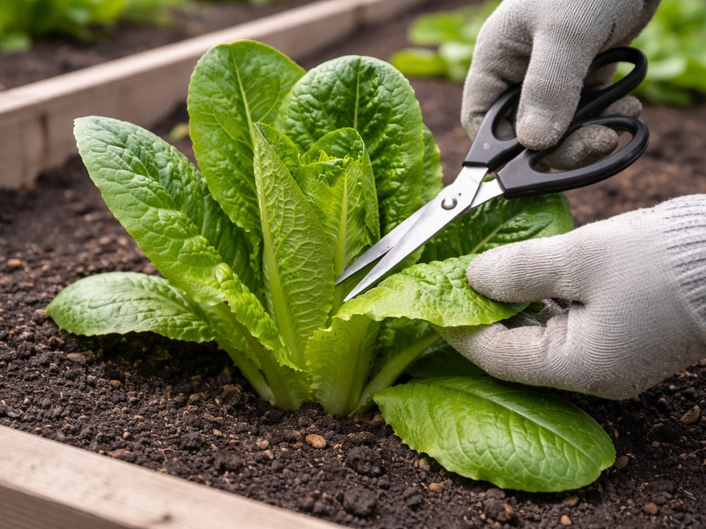 Intact romaine plant with outer leaves selectively cut, crown left untouched in a garden bed.