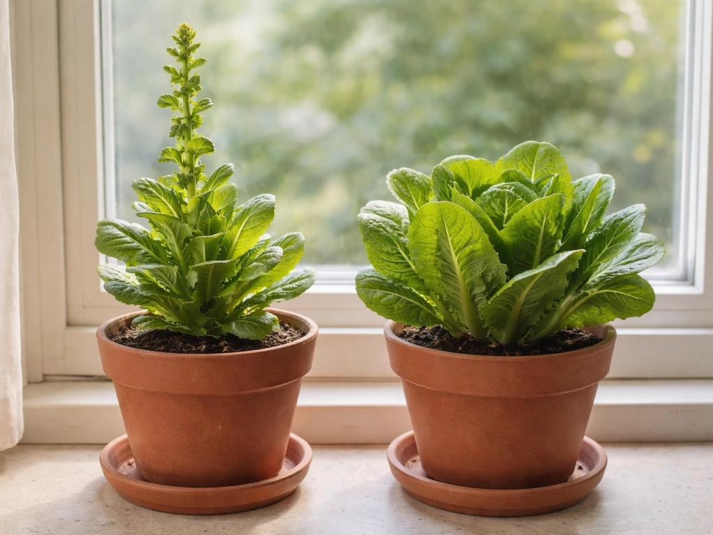 Two romaine plants on a windowsill—one bolting with a tall flower stalk, the other still leafy.