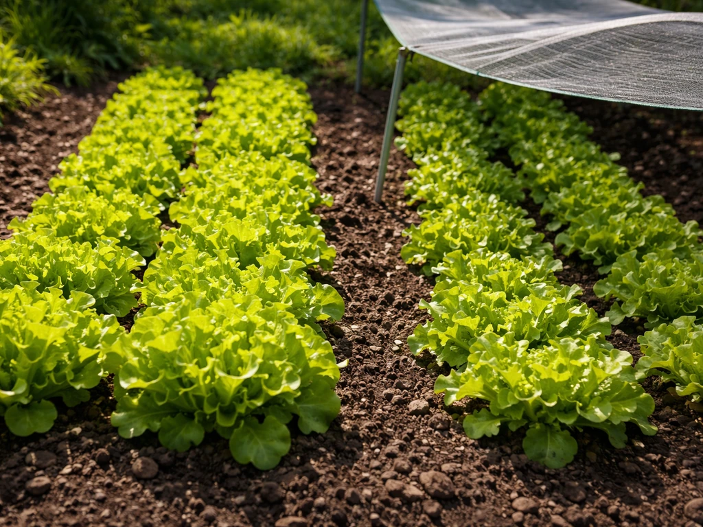Outdoor lettuce in a sunny row vs a partially shaded row, highlighting healthier leaves in direct light.