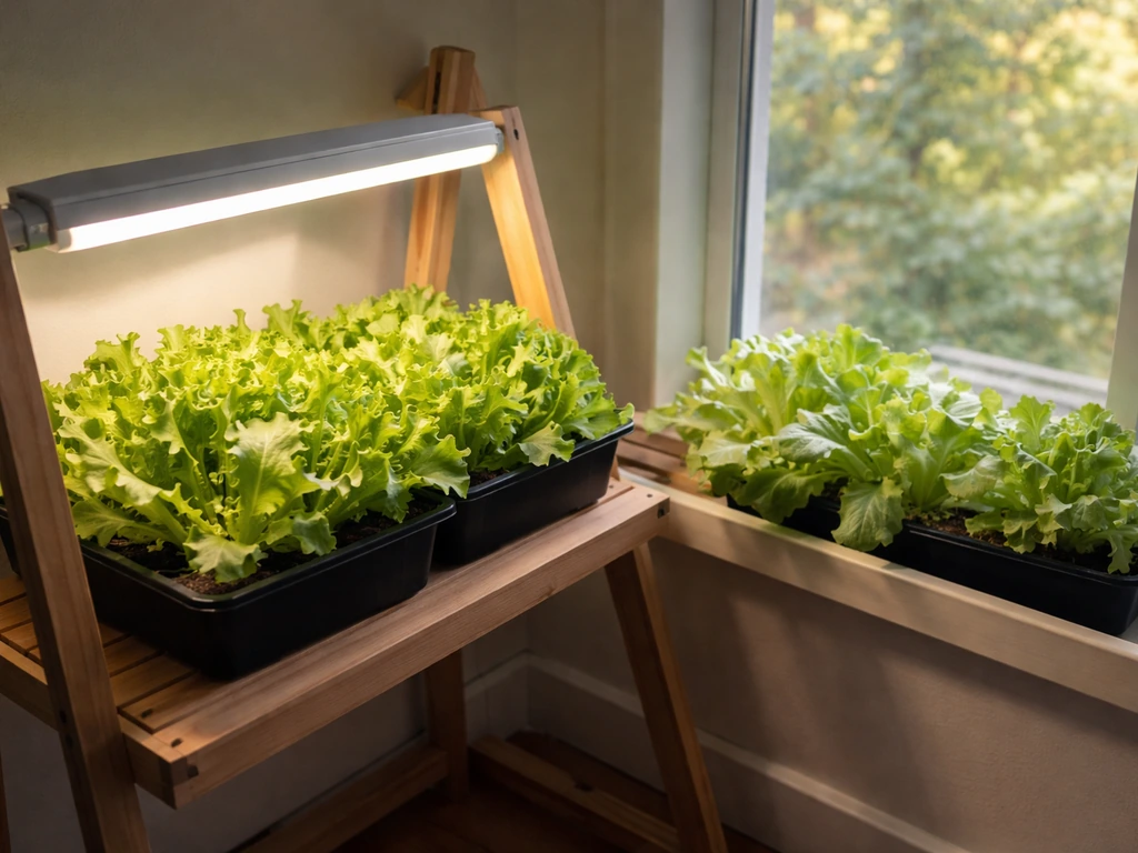 Indoor lettuce near a south-facing window, with part under a lit grow light showing stronger growth.