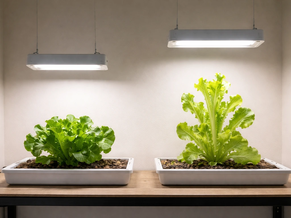 Two lettuce plants under grow lights at different heights—one compact green, one pale and leggy.