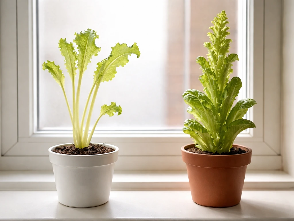 Two lettuce plants on a windowsill: leggy pale growth beside tall bolting-like stressed lettuce.