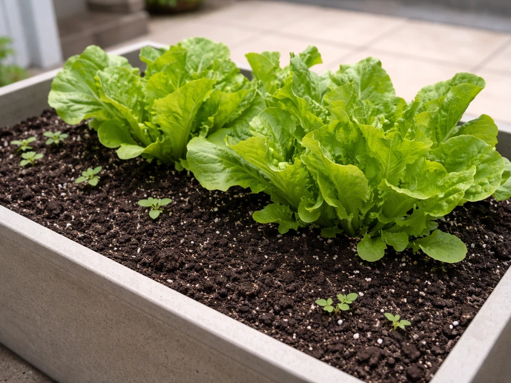 Healthy loose-leaf lettuce growing in a small planter box, ready for harvest with visible soil line.