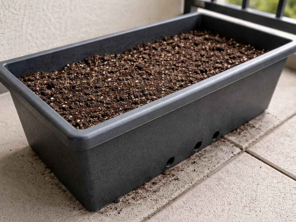 Moist potting mix filled 4–6 inches in a planter box with visible drainage holes on a patio.