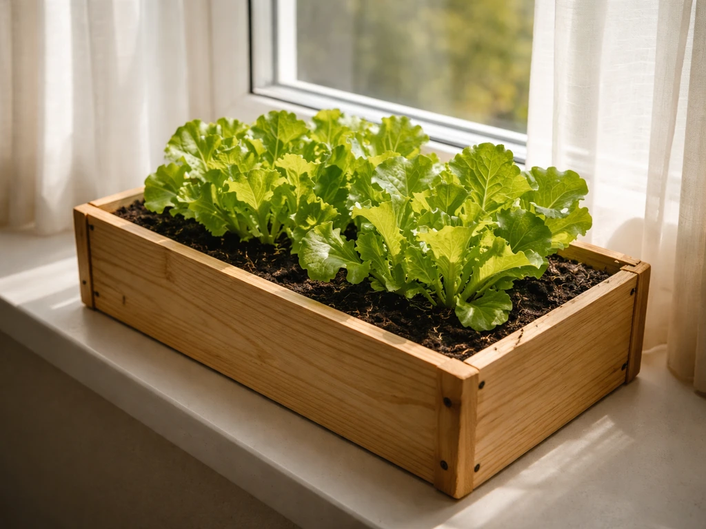 Lettuce growing in a small planter box beside a bright window with soft half-day light.